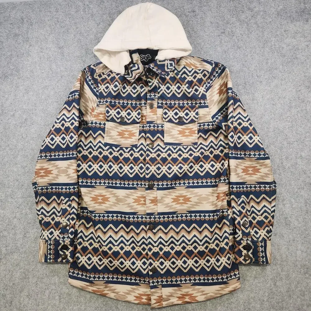 Saga Outerwear Jacket Mens Medium Aztec‎ Print Hooded Snowboard Ski Tan Navy